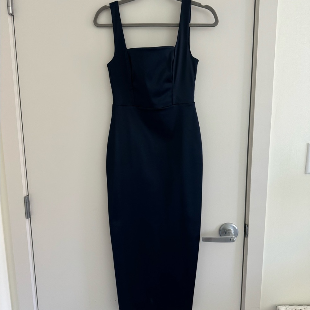 Navy Satin Square-neck Dress